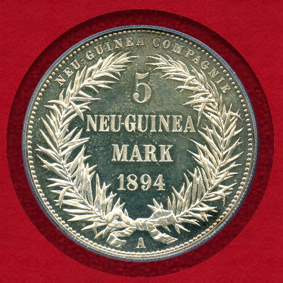 1894年 独領ニューギニア 5マルク プルーフ銀貨 PCGS PR64+ CAMEO 